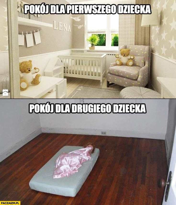 
    Pokój dla pierwszego dziecka na bogato, pokój dla drugiego dziecka sam materac