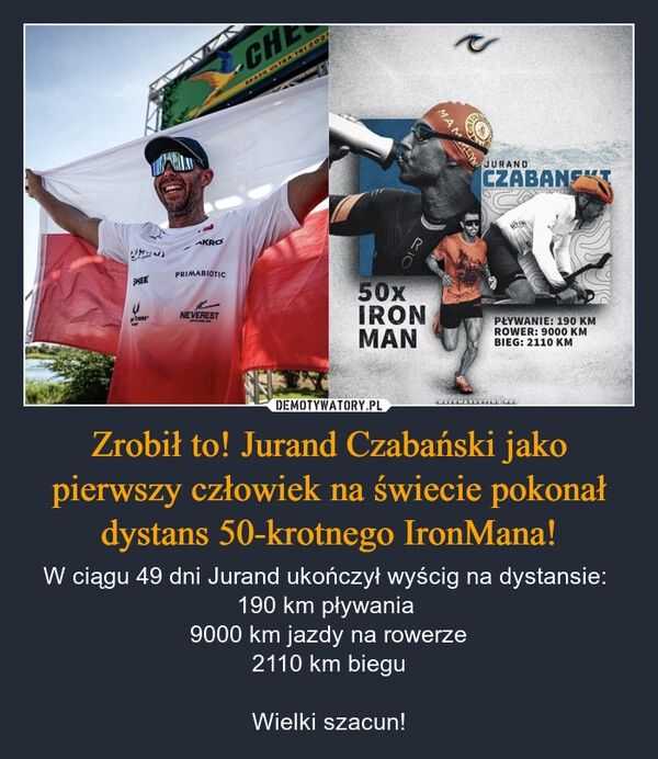 
    Zrobił to! Jurand Czabański jako pierwszy człowiek na świecie pokonał dystans 50-krotnego IronMana!