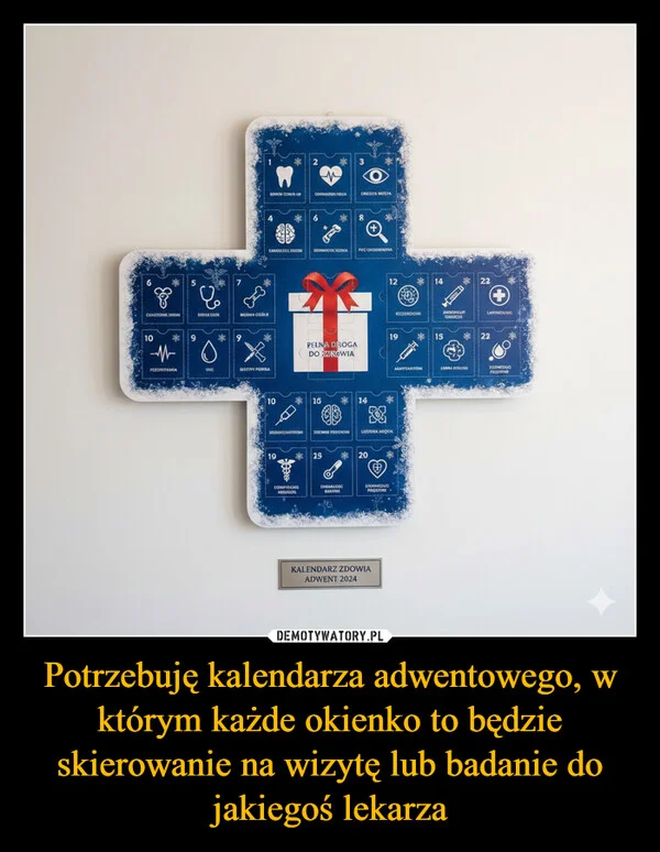 
    Potrzebuję kalendarza adwentowego, w którym każde okienko to będzie skierowanie na wizytę lub badanie do jakiegoś lekarza