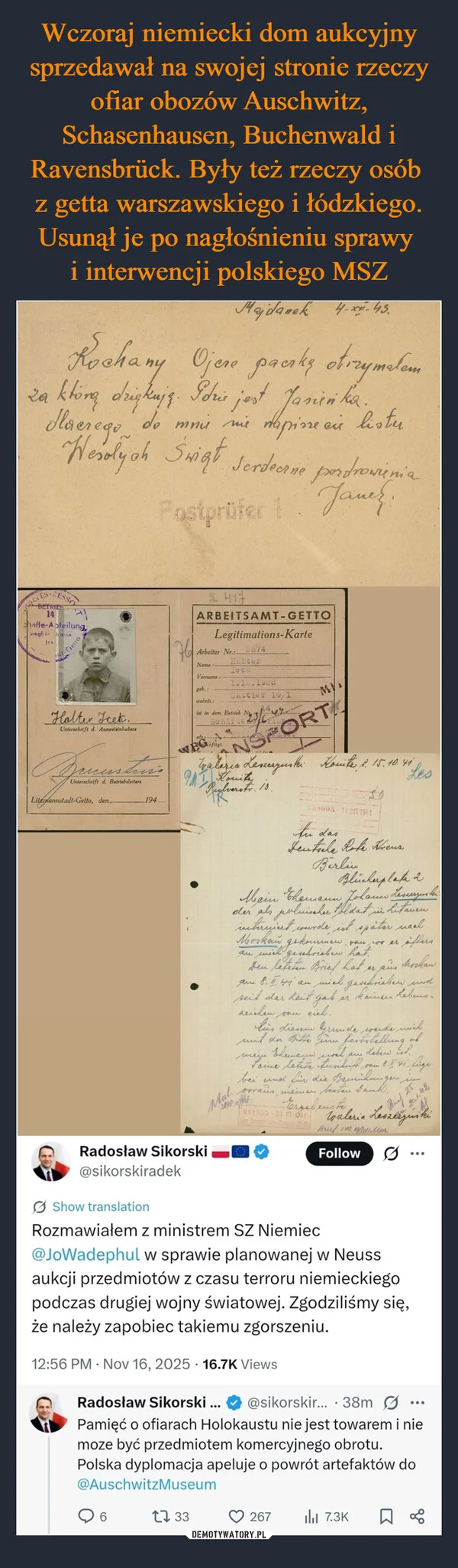 
    Wczoraj niemiecki dom aukcyjny sprzedawał na swojej stronie rzeczy ofiar obozów Auschwitz, Schasenhausen, Buchenwald i Ravensbrück. Były też rzeczy osób z getta warszawskiego i łódzkiego. Usunął je po nagłośnieniu sprawy i interwencji polskiego MSZ