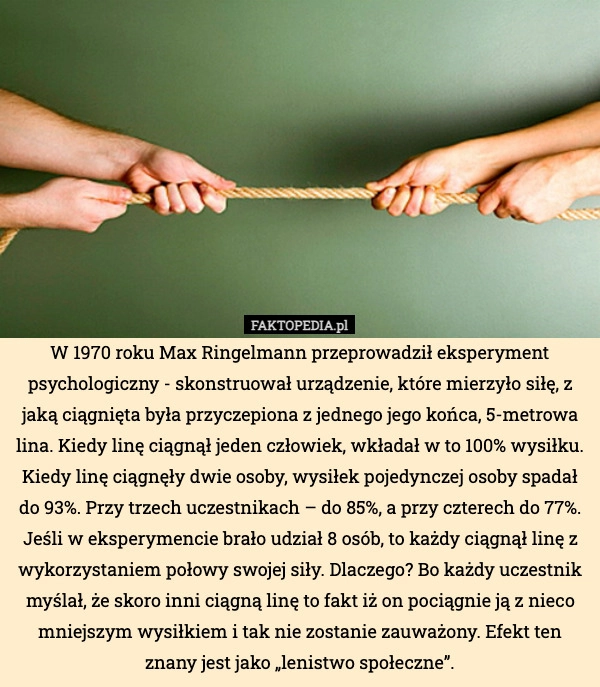 
    W 1970 roku Max Ringelmann przeprowadził eksperyment psychologiczny - skonstruował