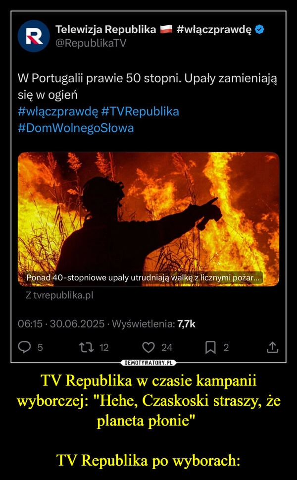 
    TV Republika w czasie kampanii wyborczej: "Hehe, Czaskoski straszy, że planeta płonie" 

TV Republika po wyborach: