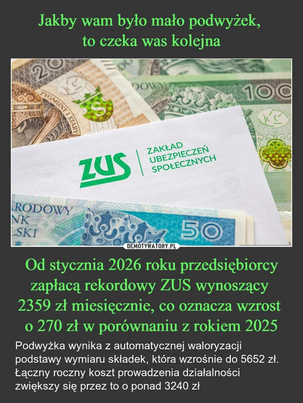 
    Jakby wam było mało podwyżek, to czeka was kolejna Od stycznia 2026 roku przedsiębiorcy zapłacą rekordowy ZUS wynoszący 2359 zł miesięcznie, co oznacza wzrost o 270 zł w porównaniu z rokiem 2025