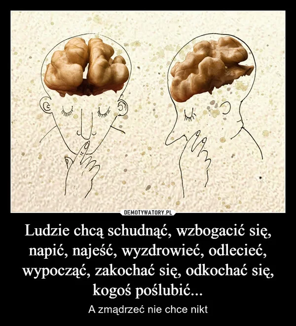 
    Ludzie chcą schudnąć, wzbogacić się, napić, najeść, wyzdrowieć, odlecieć, wypocząć, zakochać się, odkochać się, kogoś poślubić...