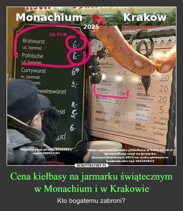 Cena kiełbasy na jarmarku świątecznym w Monachium i w Krakowie