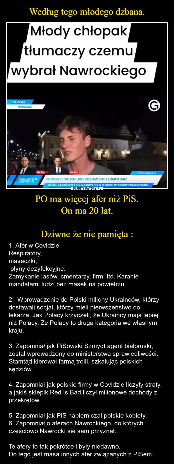 
    Według tego młodego dzbana. PO ma więcej afer niż PiS.
On ma 20 lat.

Dziwne że nie pamięta :