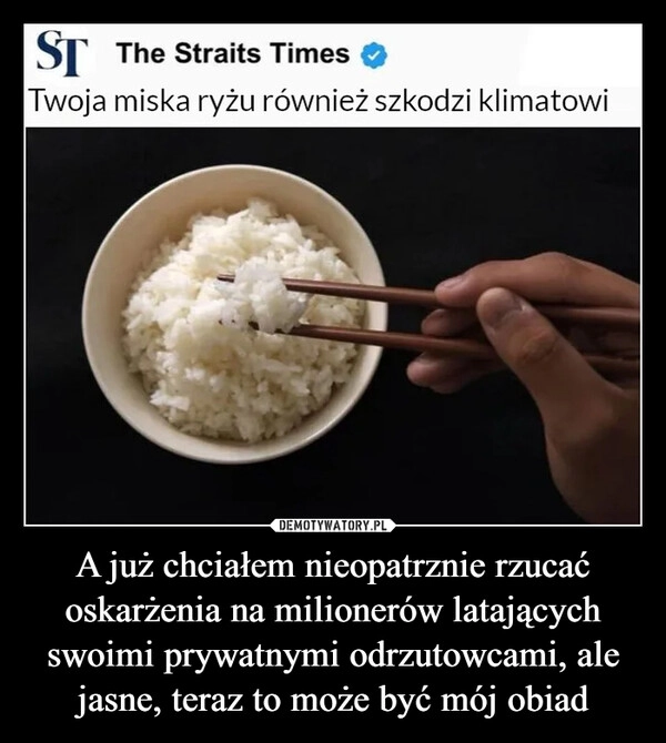 
    A już chciałem nieopatrznie rzucać oskarżenia na milionerów latających swoimi prywatnymi odrzutowcami, ale jasne, teraz to może być mój obiad