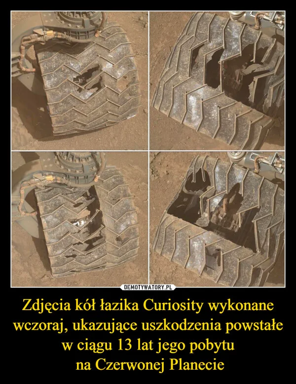 
    Zdjęcia kół łazika Curiosity wykonane wczoraj, ukazujące uszkodzenia powstałe w ciągu 13 lat jego pobytu na Czerwonej Planecie