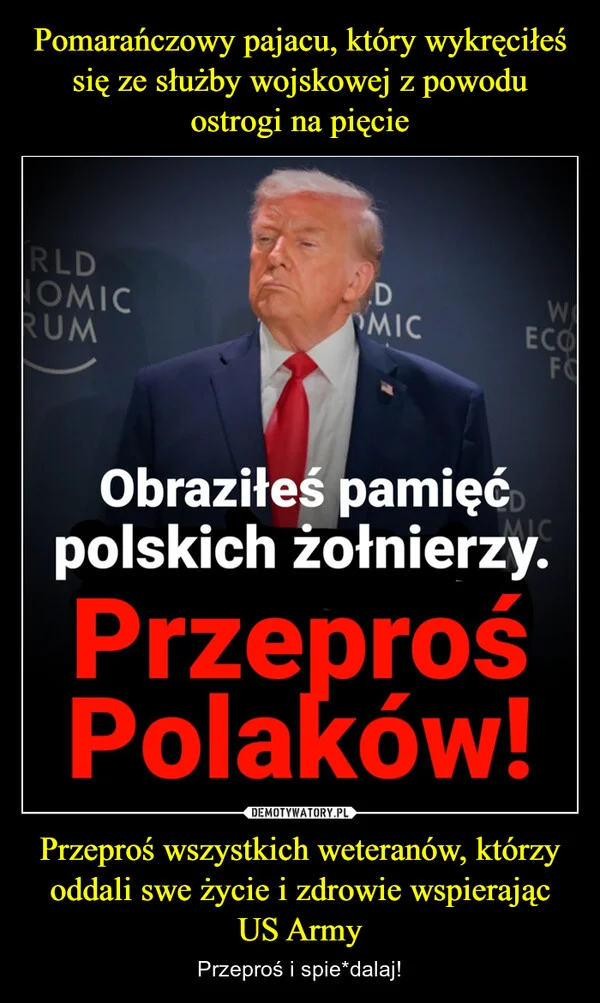
    Pomarańczowy pajacu, który wykręciłeś się ze służby wojskowej z powodu ostrogi na pięcie Przeproś wszystkich weteranów, którzy oddali swe życie i zdrowie wspierając US Army