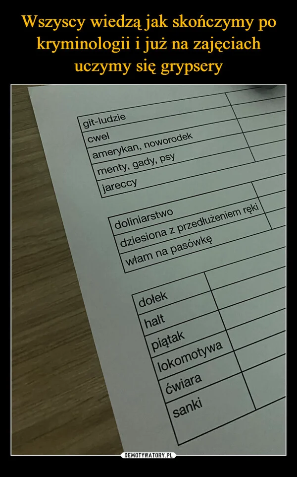 
    Wszyscy wiedzą jak skończymy po kryminologii i już na zajęciach uczymy się grypsery