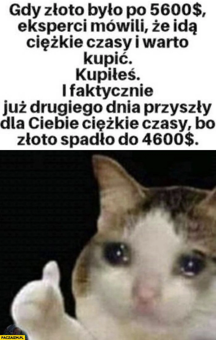 
    Gdy złoto było po 5600 eksperci mówili, że idą ciężkie czasy, kupiłeś i faktycznie przyszły ciężkie czasy bo spadło do 4600