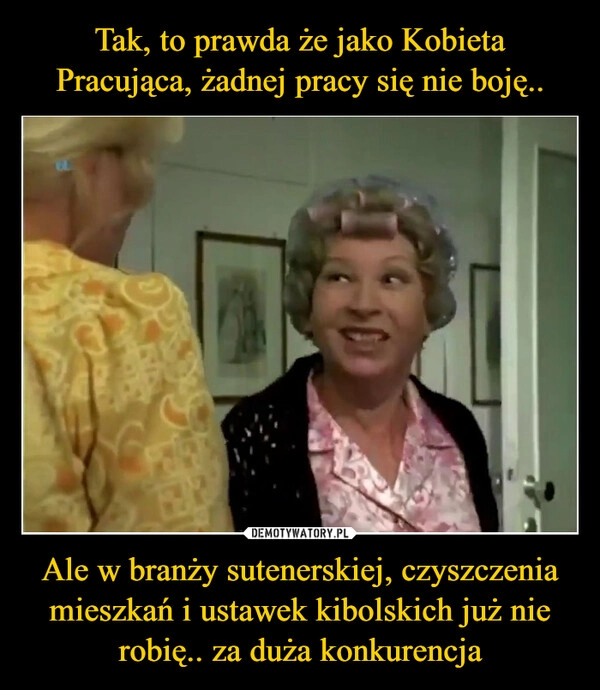 
    Tak, to prawda że jako Kobieta Pracująca, żadnej pracy się nie boję.. Ale w branży sutenerskiej, czyszczenia mieszkań i ustawek kibolskich już nie robię.. za duża konkurencja