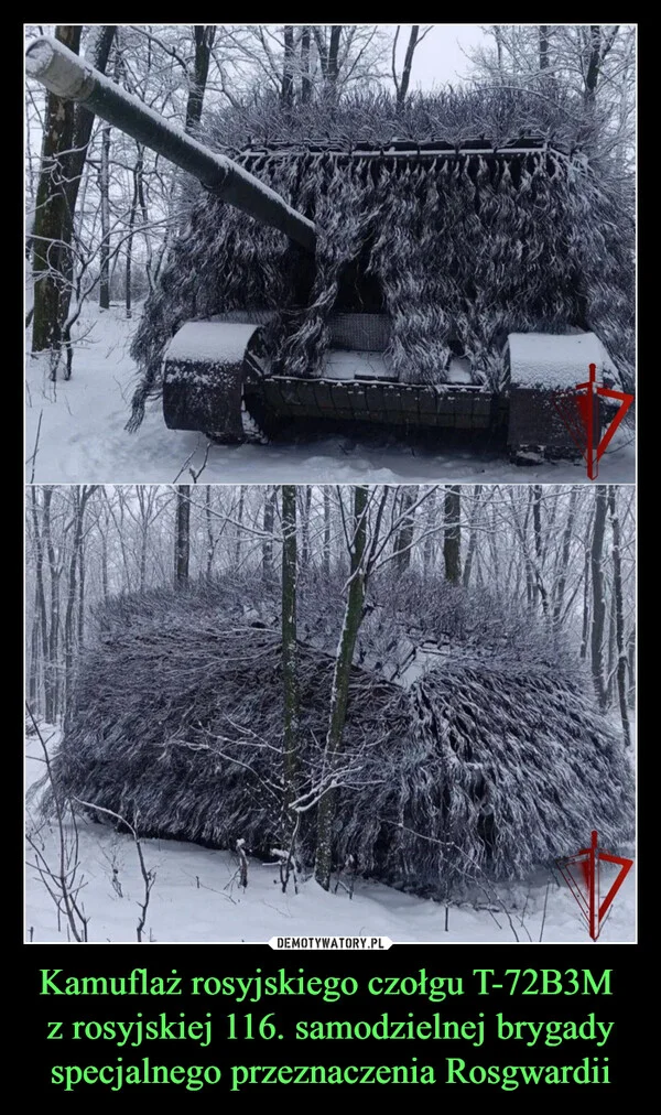 
    Kamuflaż rosyjskiego czołgu T-72B3M z rosyjskiej 116. samodzielnej brygady specjalnego przeznaczenia Rosgwardii