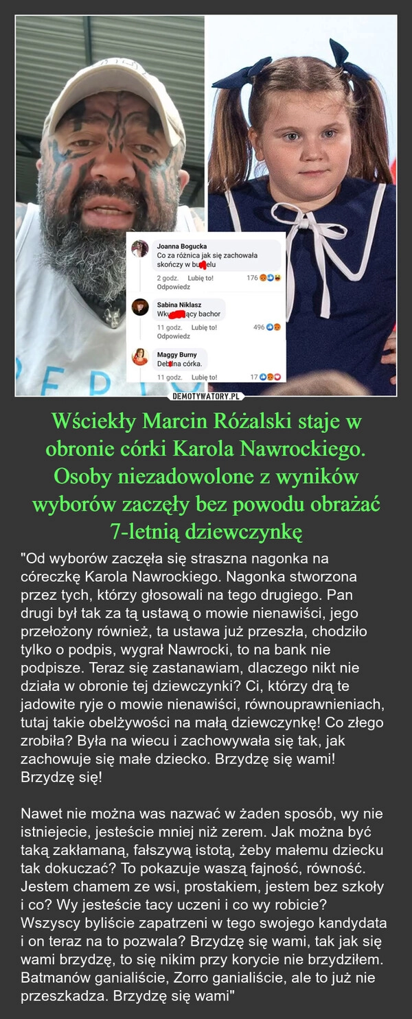 Wściekły Marcin Różalski staje w obronie córki Karola Nawrockiego. Osoby niezadowolone z wyników wyborów zaczęły bez powodu obrażać 7-letnią dziewczynkę