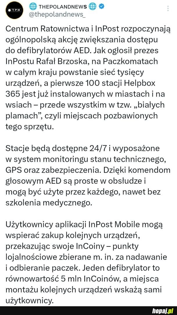 
    InPost rozpoczyna ogólnopolską akcję zwiększania dostępu do defibrylatorów AED