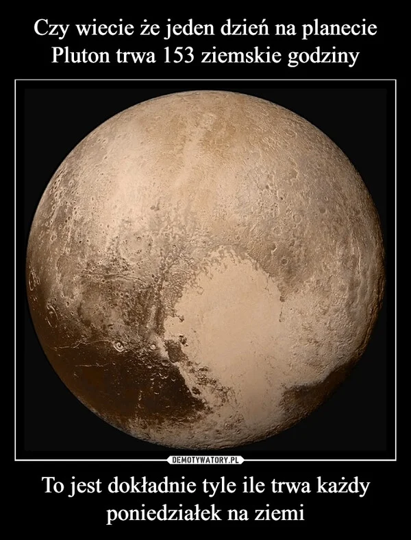 
    Czy wiecie że jeden dzień na planecie Pluton trwa 153 ziemskie godziny To jest dokładnie tyle ile trwa każdy poniedziałek na ziemi