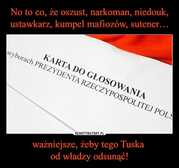
    No to co, że oszust, narkoman, niedouk, ustawkarz, kumpel mafiozów, sutener… ważniejsze, żeby tego Tuska 
od władzy odsunąć!