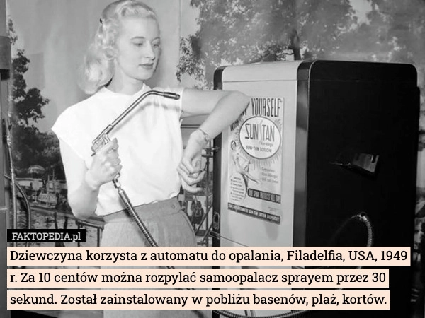 
    Dziewczyna korzysta z automatu do opalania, Filadelfia, USA, 1949 r. Za