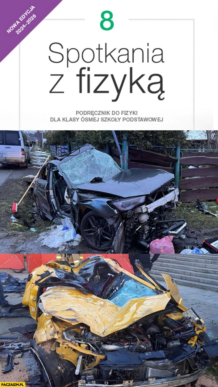 
    Spotkania z fizyką okładka książki wypadek Audi Renault Megane
