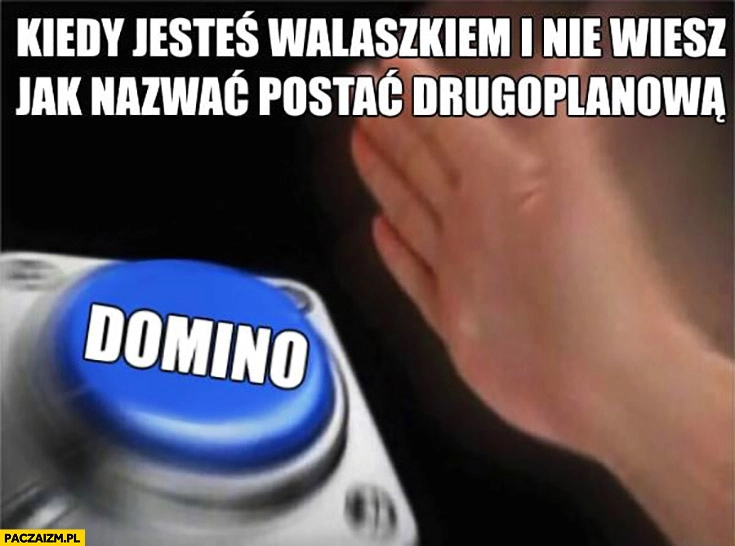 
    Kiedy jesteś Walaszkiem i nie wiesz jak nazwać postać drugoplanową Domino mem z przyciskiem