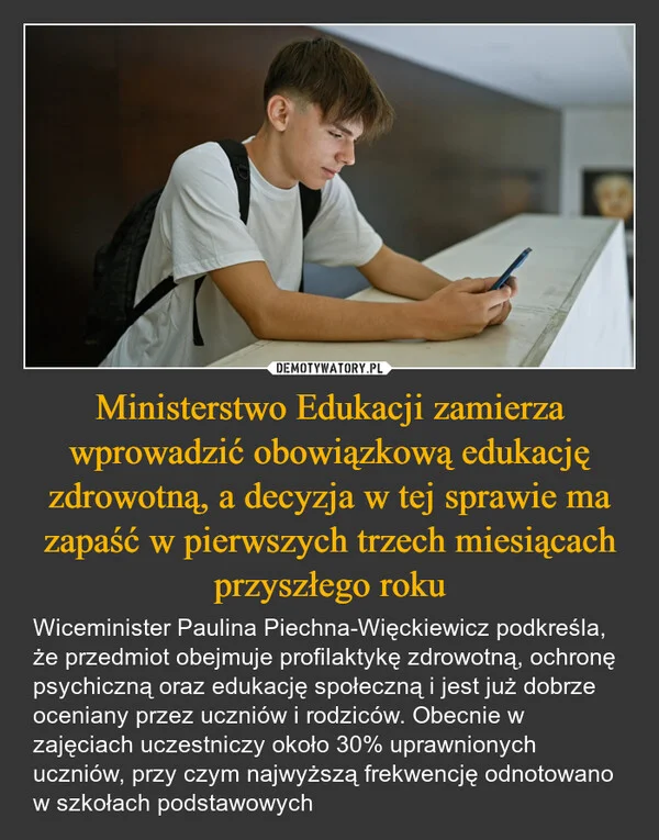 
    Ministerstwo Edukacji zamierza wprowadzić obowiązkową edukację zdrowotną, a decyzja w tej sprawie ma zapaść w pierwszych trzech miesiącach przyszłego roku