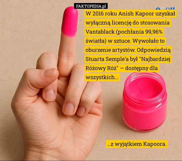 
    W 2016 roku Anish Kapoor uzyskał wyłączną licencję do stosowania Vantablack