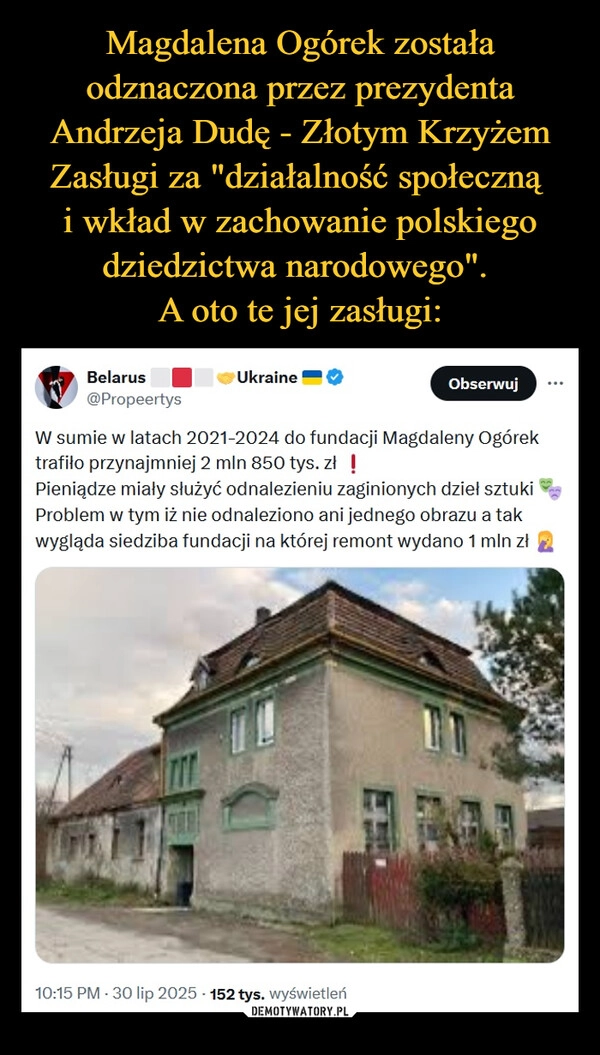 
    Magdalena Ogórek została odznaczona przez prezydenta Andrzeja Dudę - Złotym Krzyżem Zasługi za "działalność społeczną 
i wkład w zachowanie polskiego dziedzictwa narodowego". 
A oto te jej zasługi: