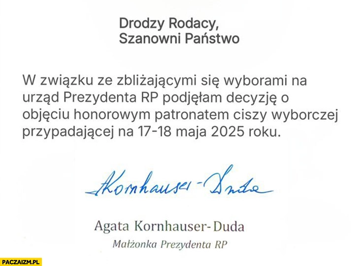 
    Agata Duda w zwiazku z wyborami objęłam honorowym patronatem ciszę wyborczą