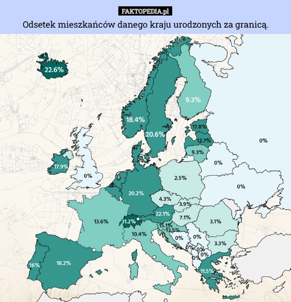 Odsetek mieszkańców danego kraju urodzonych za granicą.