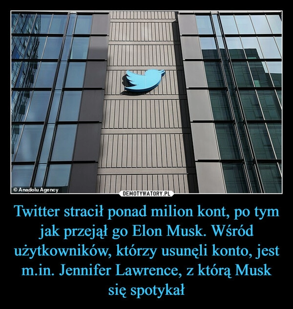 
    
Twitter stracił ponad milion kont, po tym jak przejął go Elon Musk. Wśród użytkowników, którzy usunęli konto, jest m.in. Jennifer Lawrence, z którą Musk się spotykał 
