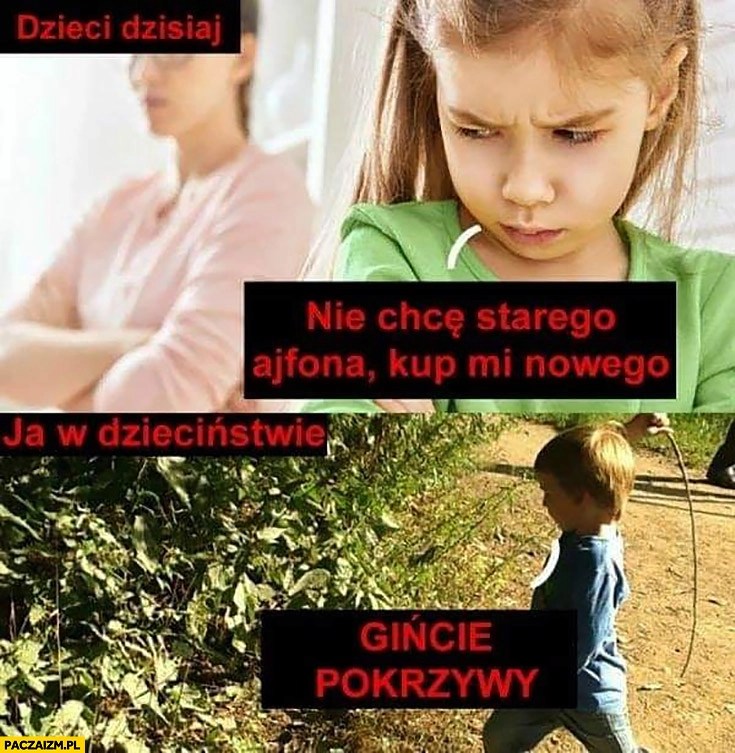 Dzieci dzisiaj nie chcę starego ajfona kup mi nowego. Ja w dzieciństwie: gińcie pokrzywy