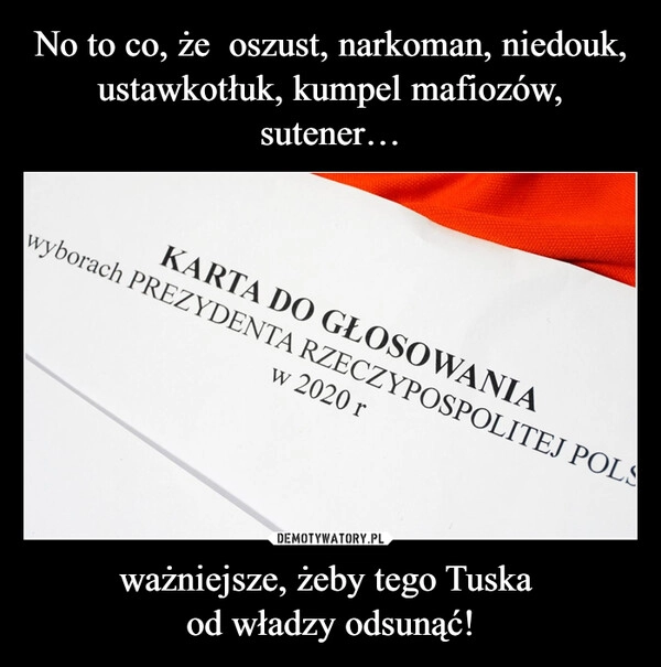 
    No to co, że  oszust, narkoman, niedouk, ustawkotłuk, kumpel mafiozów, sutener… ważniejsze, żeby tego Tuska 
od władzy odsunąć!