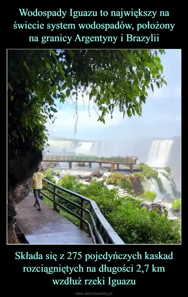 
    Wodospady Iguazu to największy na świecie system wodospadów, położony na granicy Argentyny i Brazylii Składa się z 275 pojedyńczych kaskad rozciągniętych na długości 2,7 km wzdłuż rzeki Iguazu