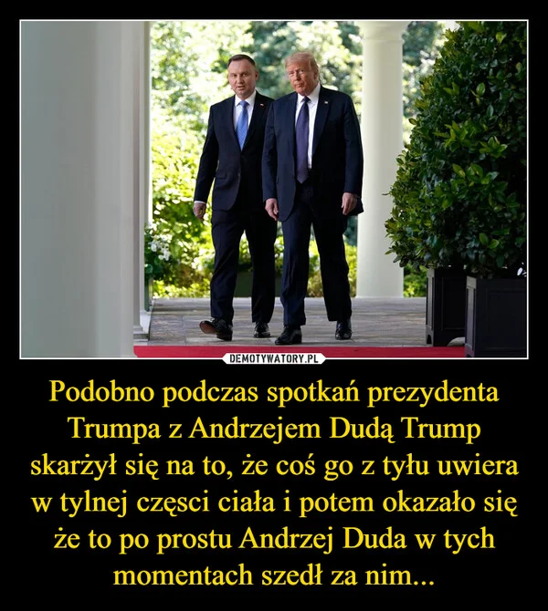 
    Podobno podczas spotkań prezydenta Trumpa z Andrzejem Dudą Trump skarżył się na to, że coś go z tyłu uwiera w tylnej częsci ciała i potem okazało się że to po prostu Andrzej Duda w tych momentach szedł za nim...