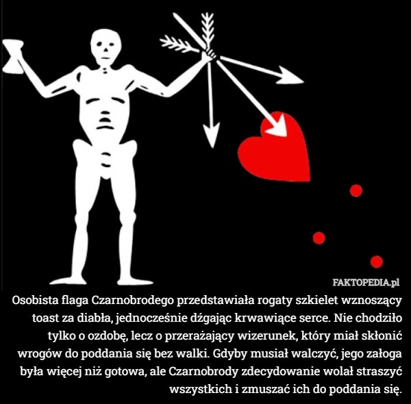 
    Osobista flaga Czarnobrodego przedstawiała rogaty szkielet wznoszący toast