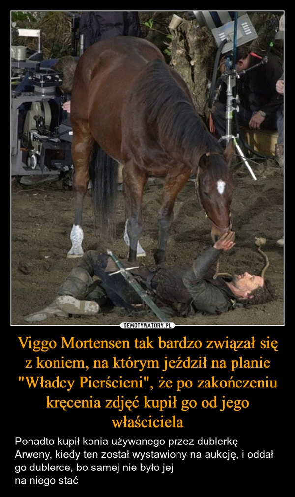 
    Viggo Mortensen tak bardzo związał się z koniem, na którym jeździł na planie "Władcy Pierścieni", że po zakończeniu kręcenia zdjęć kupił go od jego właściciela