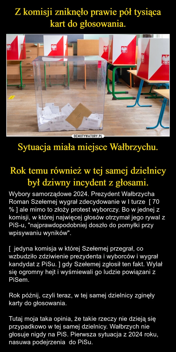
    Z komisji zniknęło prawie pół tysiąca kart do głosowania. Sytuacja miała miejsce Wałbrzychu.

Rok temu również w tej samej dzielnicy był dziwny incydent z głosami.