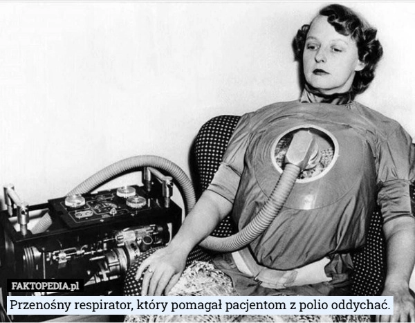 
    Przenośny respirator, który pomagał pacjentom z polio oddychać.