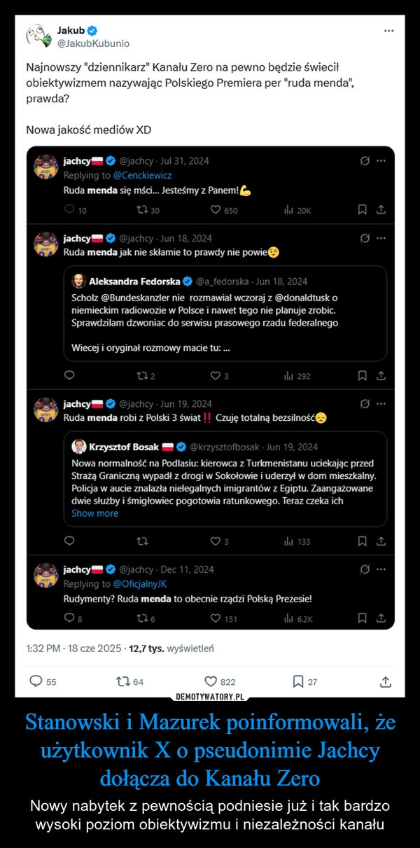 
    Stanowski i Mazurek poinformowali, że użytkownik X o pseudonimie Jachcy dołącza do Kanału Zero