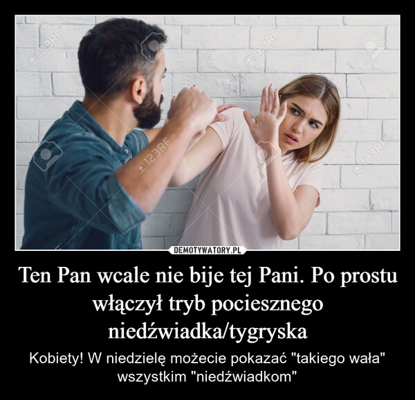 
    Ten Pan wcale nie bije tej Pani. Po prostu włączył tryb pociesznego niedźwiadka/tygryska