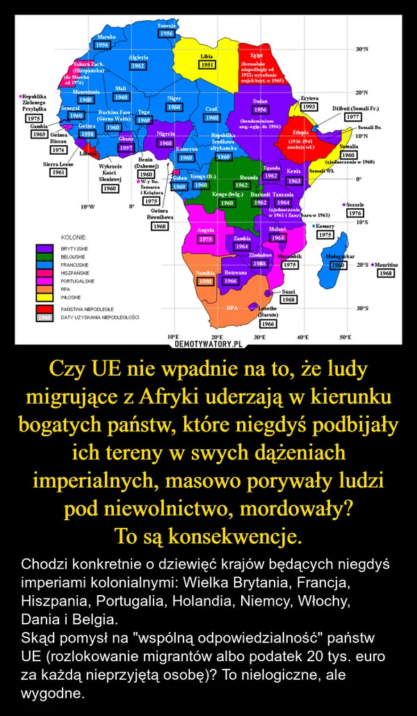 
    Czy UE nie wpadnie na to, że ludy migrujące z Afryki uderzają w kierunku bogatych państw, które niegdyś podbijały ich tereny w swych dążeniach imperialnych, masowo porywały ludzi pod niewolnictwo, mordowały? To są konsekwencje.