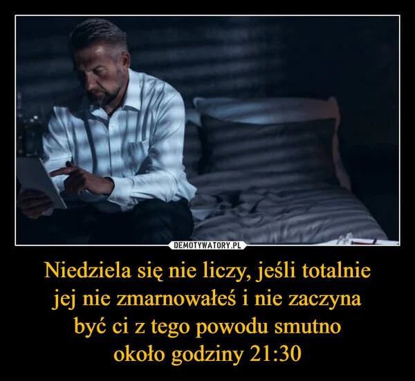 
    Niedziela się nie liczy, jeśli totalnie jej nie zmarnowałeś i nie zaczyna być ci z tego powodu smutno około godziny 21:30