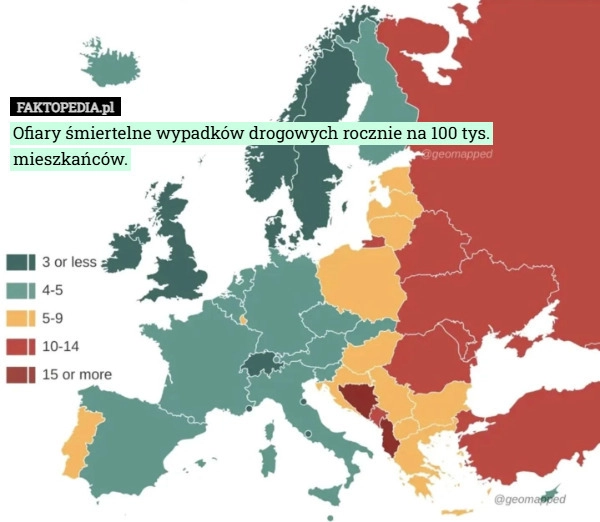 
    Ofiary śmiertelne wypadków drogowych rocznie na 100 tys. mieszkańców.