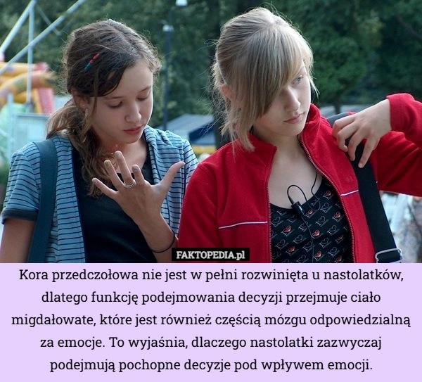 Kora przedczołowa nie jest w pełni rozwinięta u nastolatków, dlatego funkcję