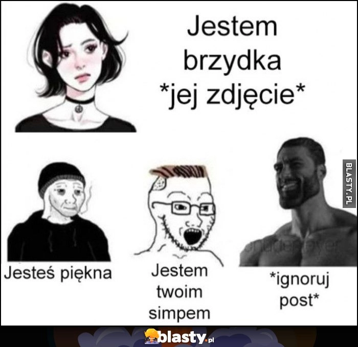 
    Laska dziewczyna: jestem brzydka *jej zdjęcie*. Reakcja simpów: jesteś piękna, reakcja Chada: ignoruj post
