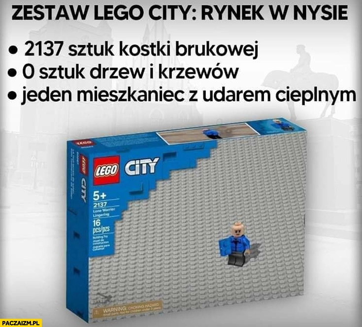 
    Zestaw Lego rynek w Nysie 2137 sztuk kostki brukowej, 0 sztuk drzew i krzewów, jeden mieszkaniec z udarem cieplnym