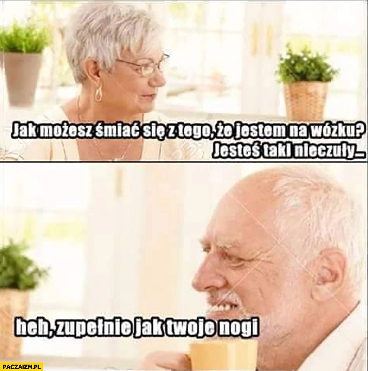 
    Jak możesz śmiać się z tego, że jestem na wózku, jesteś taki nieczuły. Zupełnie jak Twoje nogi Dziwny pan ze stocku