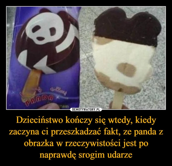 
    Dzieciństwo kończy się wtedy, kiedy zaczyna ci przeszkadzać fakt, ze panda z obrazka w rzeczywistości jest po naprawdę srogim udarze