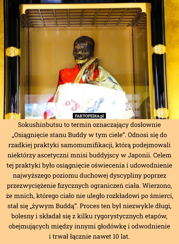 
    Sokushinbutsu to termin oznaczający dosłownie „Osiągnięcie stanu Buddy w