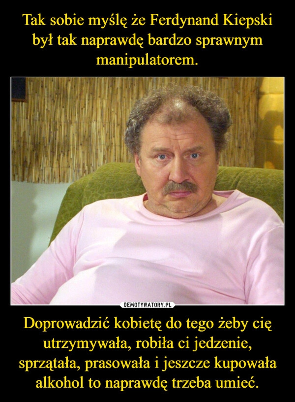 
    Tak sobie myślę że Ferdynand Kiepski był tak naprawdę bardzo sprawnym manipulatorem. Doprowadzić kobietę do tego żeby cię utrzymywała, robiła ci jedzenie, sprzątała, prasowała i jeszcze kupowała alkohol to naprawdę trzeba umieć.